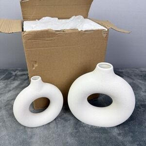 Set of 2 White Ceramic Donut Vases for Home‎ Decor, Modern Boho Minimalist